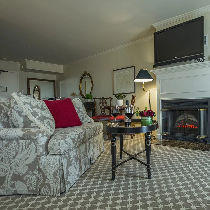 Living area with couch and fireplace.